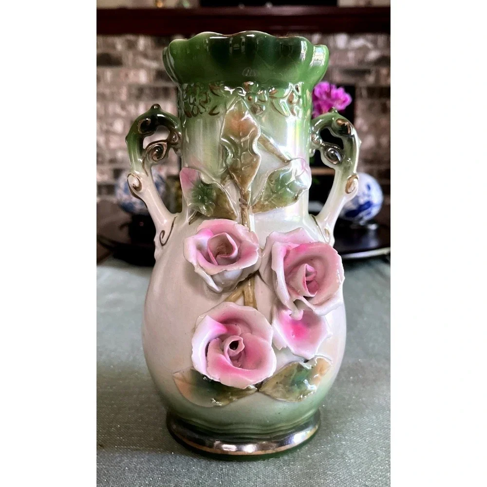 Austrian Porcelain Pottery Gold Accents Floral Double Handles